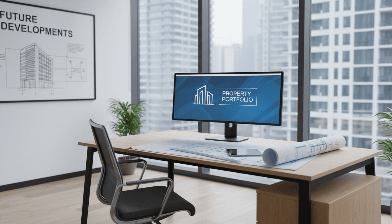 Professional property management office with modern workspace and project blueprints