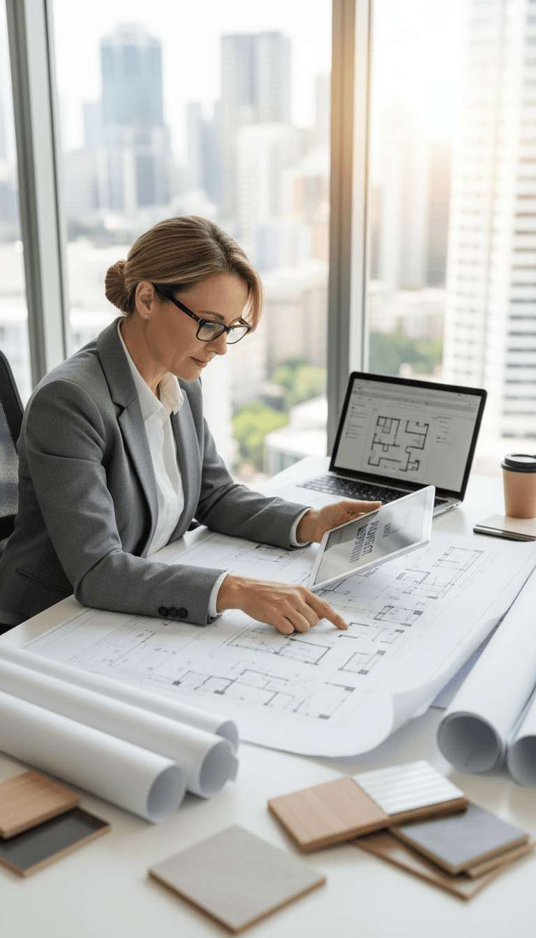 Property manager reviewing renovation plans and blueprints at desk