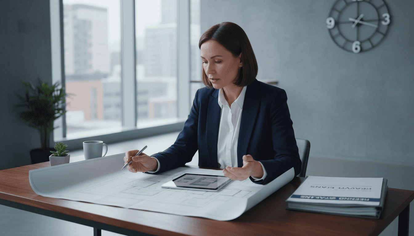 Professional reviewing property management and renovation plans at desk